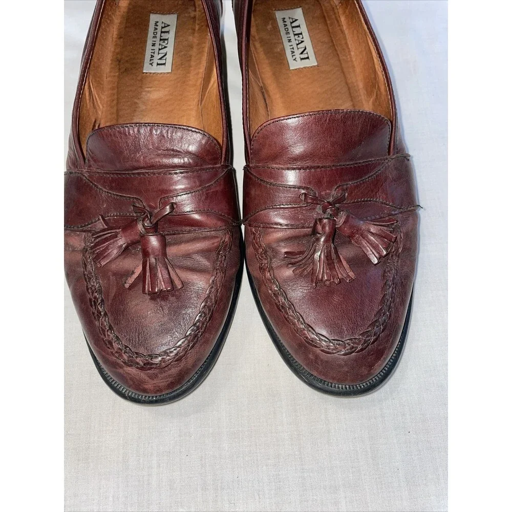 Alfani Italy Dress Loafers Men’s Size 11 W Brown Leather Tassels Block Heels